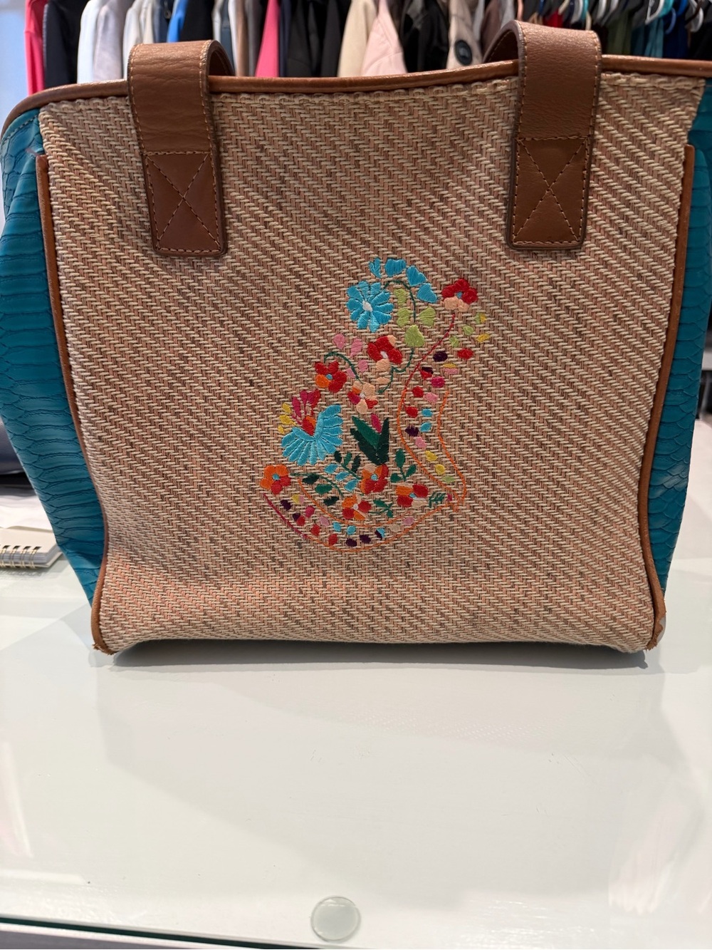 Consuela Woven Tote with Turquoise Sides and Multicolor Floral Embroidery